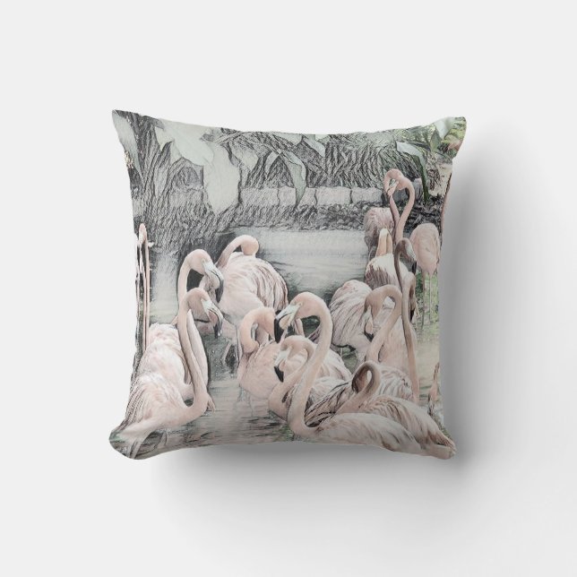 Tekening van roze en witte flamingo's in het water kussen (Voorkant)