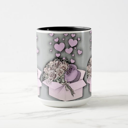  tekening van roze harten en Rozen in doos Mok (Midden)