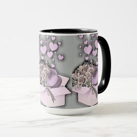 tekening van roze harten en Rozen in doos Mok (Voorkant rechts)