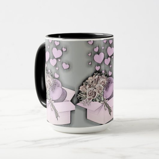  tekening van roze harten en Rozen in doos Mok (Voorkant links)