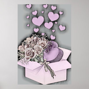  tekening van roze harten en Rozen in doos Poster