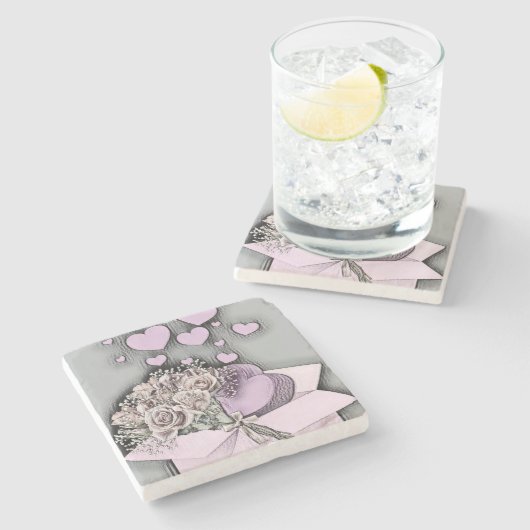 tekening van roze harten en Rozen in doos Stenen Onderzetter (Zijkant)