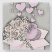 tekening van roze harten en Rozen in doos Stenen Onderzetter (Voorkant)
