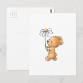 Tekening van teddybeer lopen met bloem briefkaart (Voorkant / Achterkant)