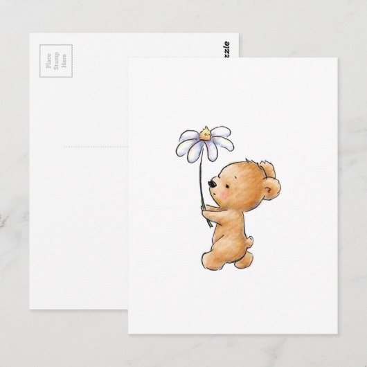 Tekening van teddybeer lopen met bloem briefkaart (Voorkant / Achterkant)