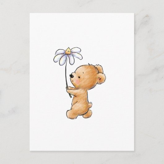 Tekening van teddybeer lopen met bloem briefkaart (Voorkant)