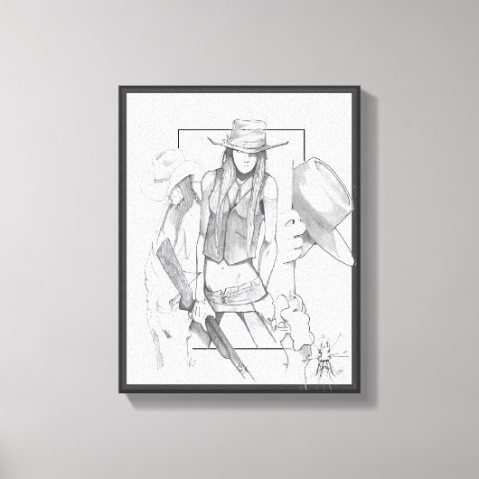Tekening van twee cowboys & een cowgirl canvas afdruk (Voorkant)