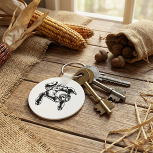 Tekening van varkenskop boerderijdier in zwart-wit sleutelhanger