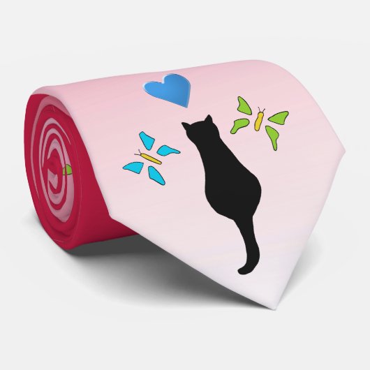 Tekening zwarte kat, blauw hart en botervliegen ro stropdas (Opgerold)