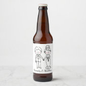 Tekeningen Bruid Bruidegom Whimsical Zwart Witte T Bier Etiket (Voorkant)