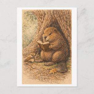 Tekeningen in vintage-stijl van bever die in boom briefkaart