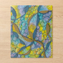 Tekeningen met turquoise-gele abstracte kronkels