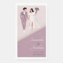 Tekeningen van een bruidspaar in paarse trouwjurk