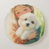 Tekeningen van een meisje en een puppy op een kuss rond kussen (Voorkant)