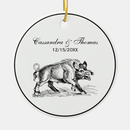 Tekeningen van een oud everzwijn zwart-wit #2 keramisch ornament (Voorkant)
