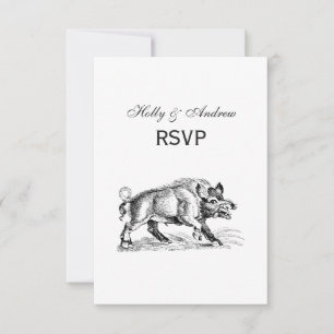Tekeningen van een oud everzwijn zwart-wit #2 RSVP kaartje