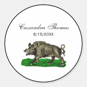 Tekeningen van een oud everzwijn zwart-wit #3C Ronde Sticker
