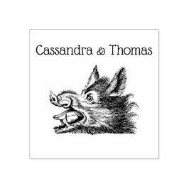 Tekeningen van een oud everzwijnenhoofd zwart-wit rubberstempel