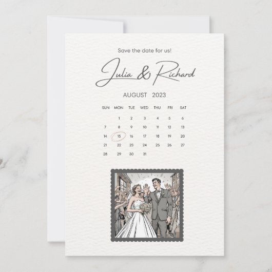 Tekeningen van komisch stel Save The Date Kaart (Voorkant)