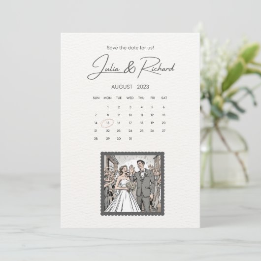 Tekeningen van komisch stel Save The Date Kaart (Staand voorkant)