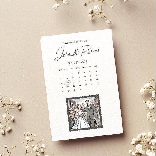 Tekeningen van stel in comicstijl Save The Date Kaart