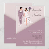 Tekeningen van stel in paarse moderne trouwuitnodi kaart (Voorkant / Achterkant)