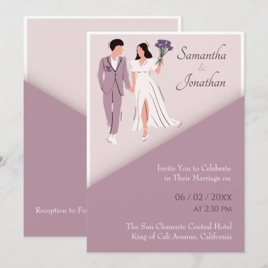 Tekeningen van stel in paarse moderne trouwuitnodi kaart (Voorkant / Achterkant)