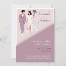 Tekeningen van stel in paarse moderne trouwuitnodi