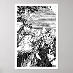 Tekeningen van vintage botanische tulpenvelden in poster