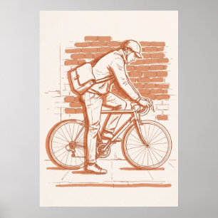 Tekeningen van vintage fietskoerier in sepia poster