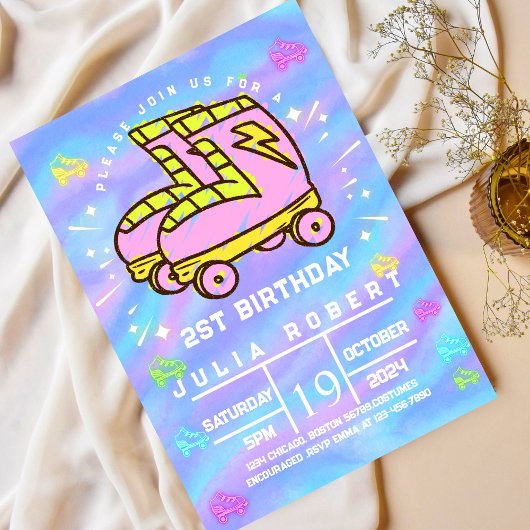 tekenkrijt Rolschaatsen sneeuw Verjaardag roze Kaart