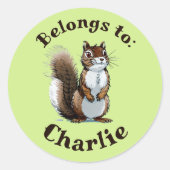 Tekenlabel met leuke groene eekhoorn en aangepaste ronde sticker (Voorkant)