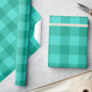 Tekenontwerp met groene en turkooizen ginghamruit  cadeaupapier