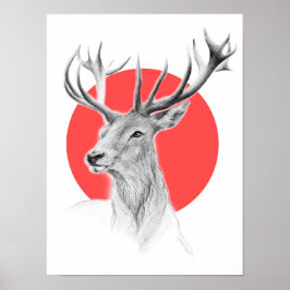 Tekenportret hert Rode cirkel Dierenkunst Poster