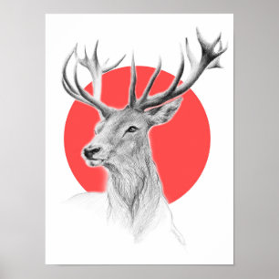 Tekenportret hert Rode cirkel Dierenkunst Poster