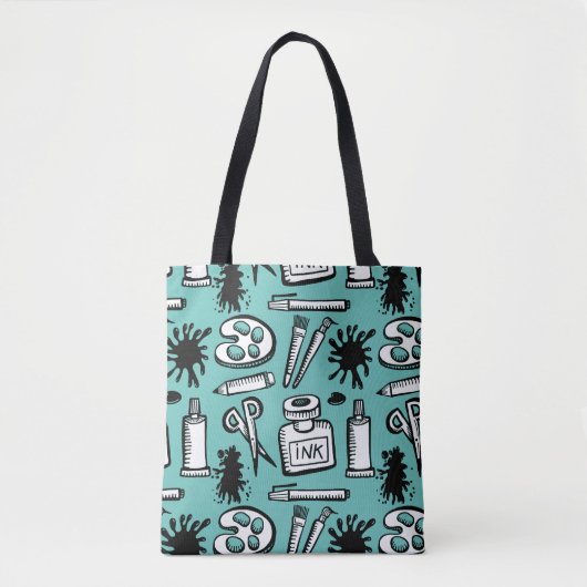 Tekenverfpenselen en objectpatroon tote bag (Voorkant)