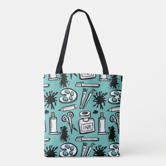 Tekenverfpenselen en objectpatroon tote bag (Achterkant)