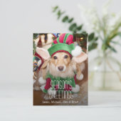 Tekkel die het kostuum van het santaelf dragen feestdagenkaart (Staand voorkant)