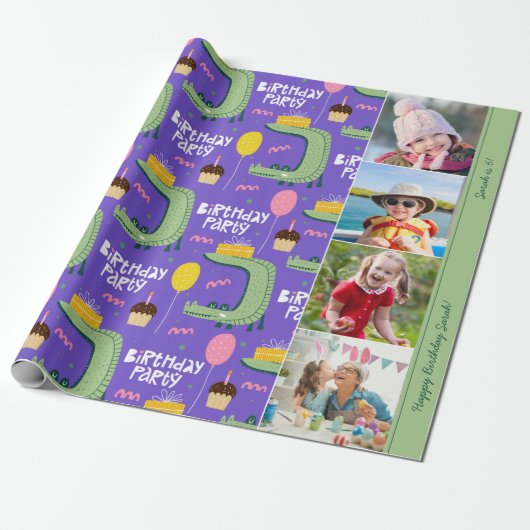 Tekst en foto van Alligator Pattern Birthday Party Cadeaupapier (Uitgerold)