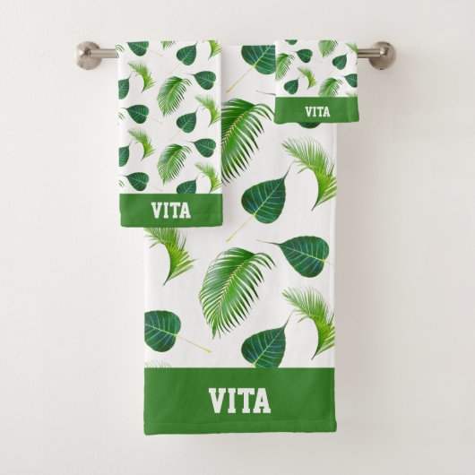 Tekst en groene bladeren op witte badhanddoek bad handdoek (Insitu)