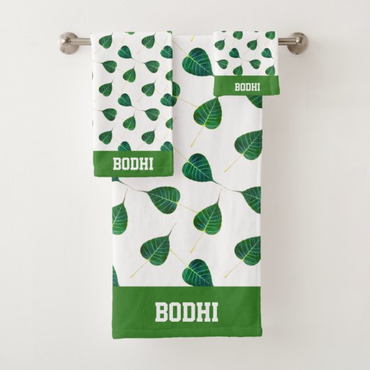Tekst en Groene Bodhi Bladeren op Wit Bad Handdoek (Insitu)