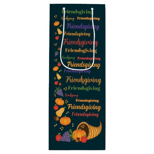 Tekst kleurrijke Cornucopia Friendsgiving Party Wijn Cadeautas (Voorkant)