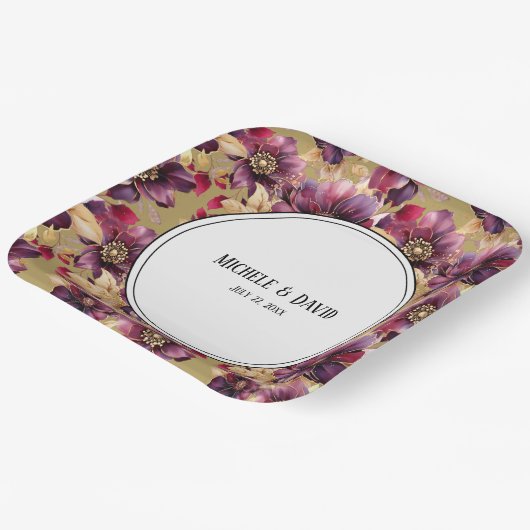 Tekst op Gouden Bourgogne Bloemen patroon rand Papieren Bordje (Gebogen)