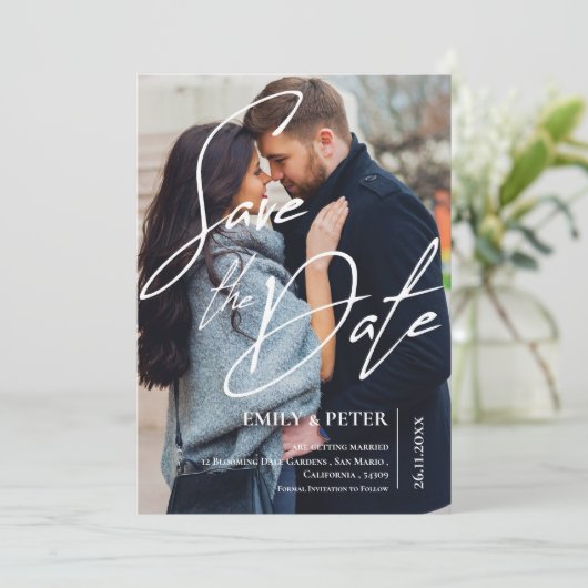 Tekst Overlay 2 Foto's Bruiloft Bewaar de Datum Ui Save The Date (Staand voorkant)