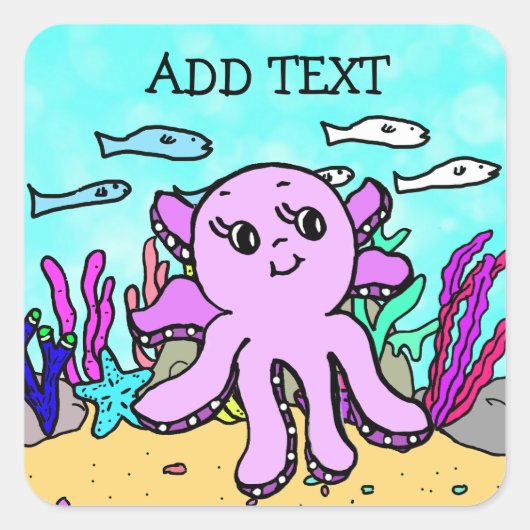 Tekst toevoegen aan deze Paarse octopus Vierkante Sticker (Voorkant)