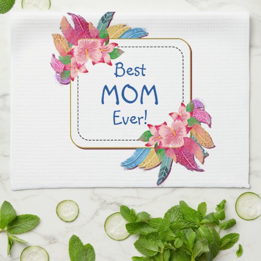 Tekst toevoegen Naam Boho Flower Feathers Beste ma Theedoek (Gevouwen)