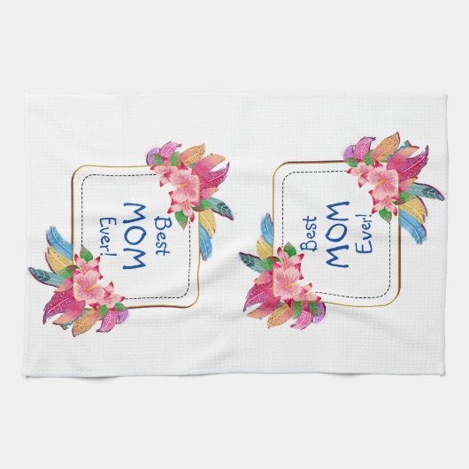 Tekst toevoegen Naam Boho Flower Feathers Beste ma Theedoek (Horizontaal)