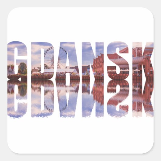 Tekst van Gdansk met uitzicht van de oude stad met Vierkante Sticker (Voorkant)