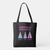 tekst van Peace Joy Love Kerstbomen Tote Bag (Achterkant)