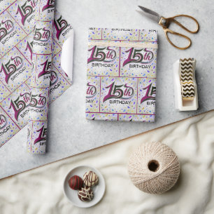 Tekst voor 15e verjaardag met feestconfetti cadeaupapier